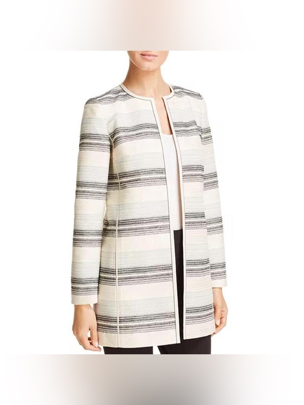 Jacques vert Striped Collarless Open-Front Blazer in Ivory and Black